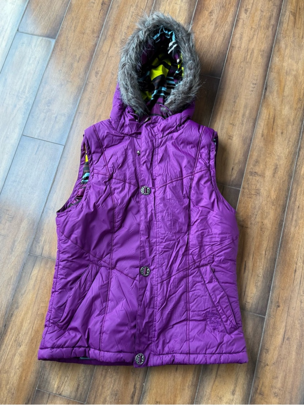 Women’s Burton Purple Quilted Hooded Vest with Removable Faux-Fur Trim
